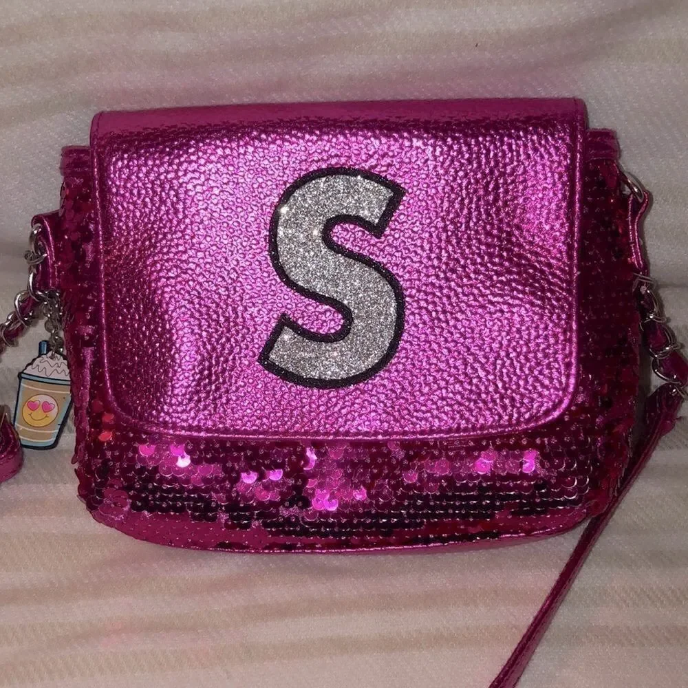 Justice “S” Monogram Fuchsia Pink Sequin Purse Bag with Emoji Charms